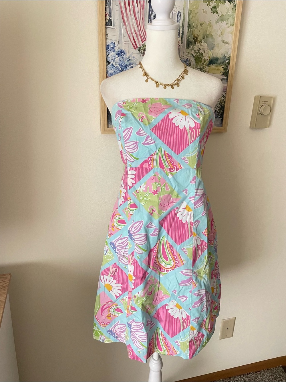 Lilly Pulitzer Vintage Y2K White Label Strapless Patchwork Mini Dress US 4 - Picture 1 of 3